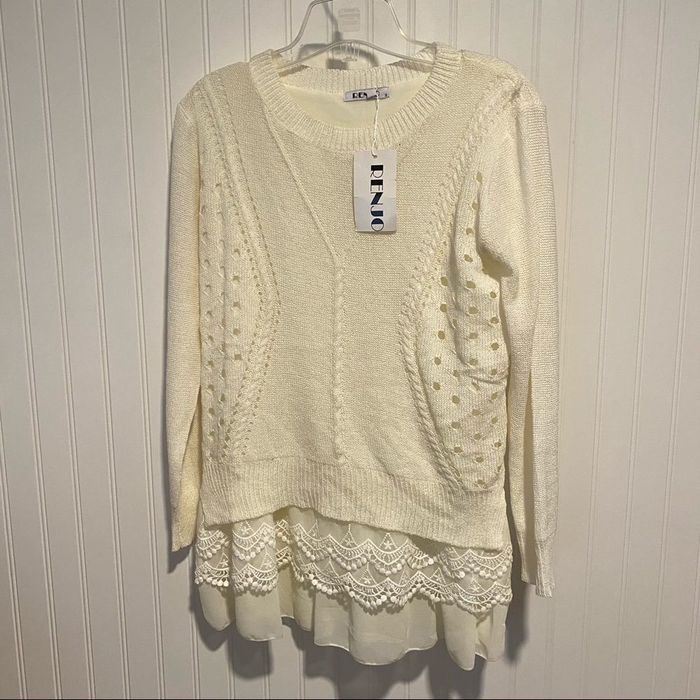 Renjo boutique cream lace layered sweater